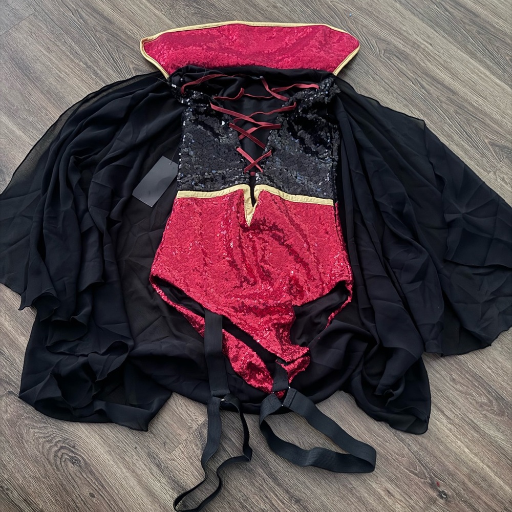 Elegant Red and Black Sequin Bodysuit with Cape